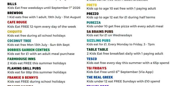 Places kids eat free (or for &pound;1) Summer Holidays 2026